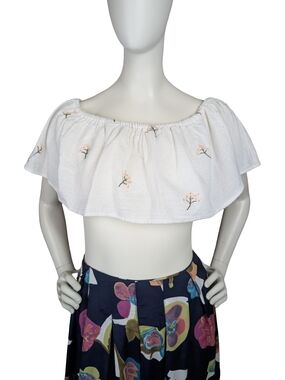 Zara White Floral Embroidered Boho Off Shoulder Ruffle Crop Top XS Romantic